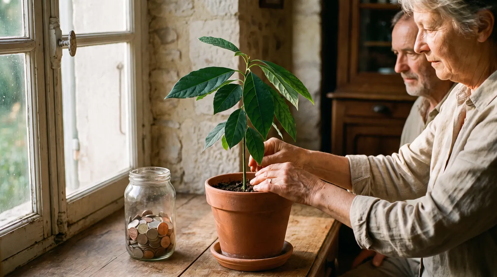 Jeune plante aux racines lumineuses sous une vitrine d’entreprise, image du référencement naturel qui s’installe
