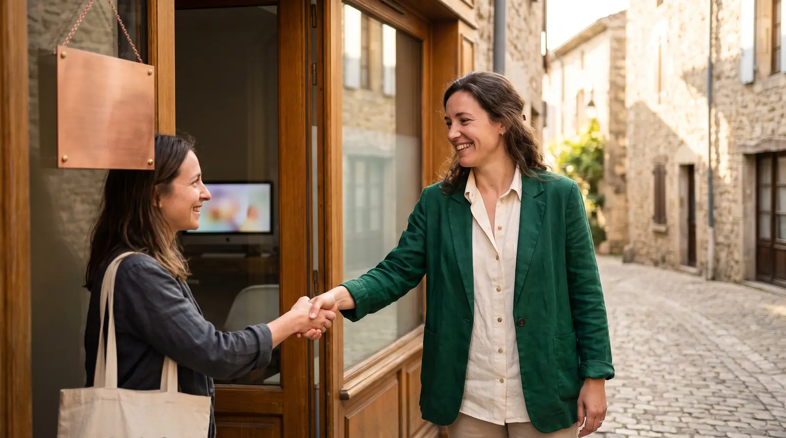 Rue de quartier où des passants vont vers une boutique accueillante, sans panneau publicitaire