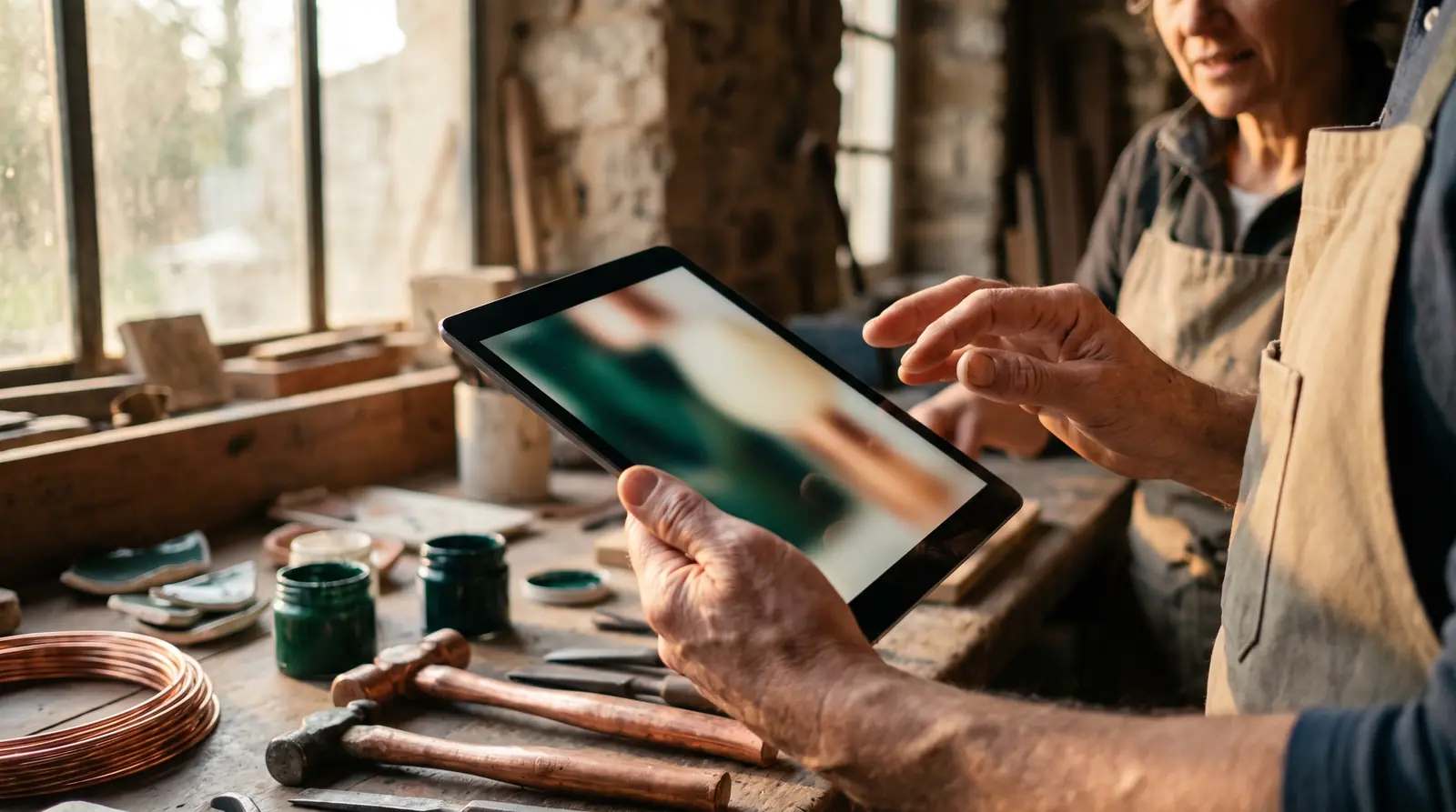 Vitrine d’artisan dont l’enseigne correspond à la fiche Google affichée sur un téléphone