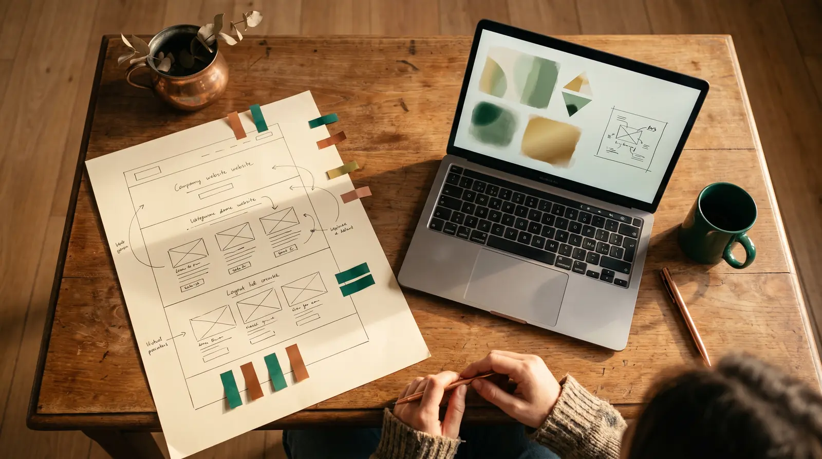 Maquette de page annotée et schéma de structure sur un bureau : préparer un contenu pour le GEO