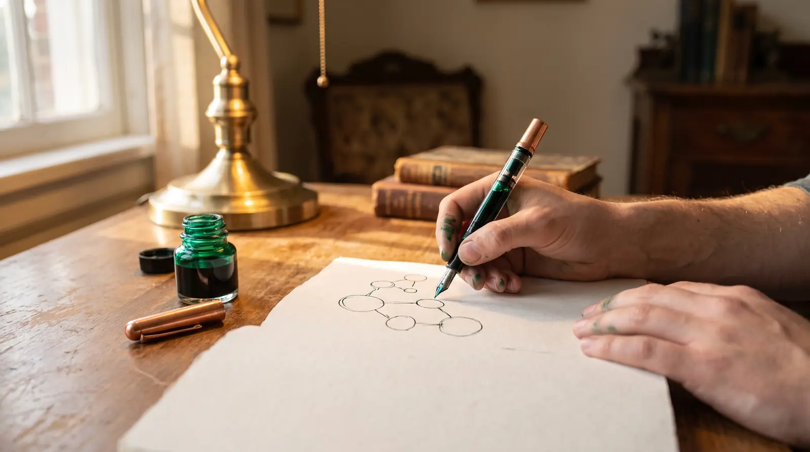 Mains dessinant des cercles reliés dans un carnet, esquisse de la méthode Click First