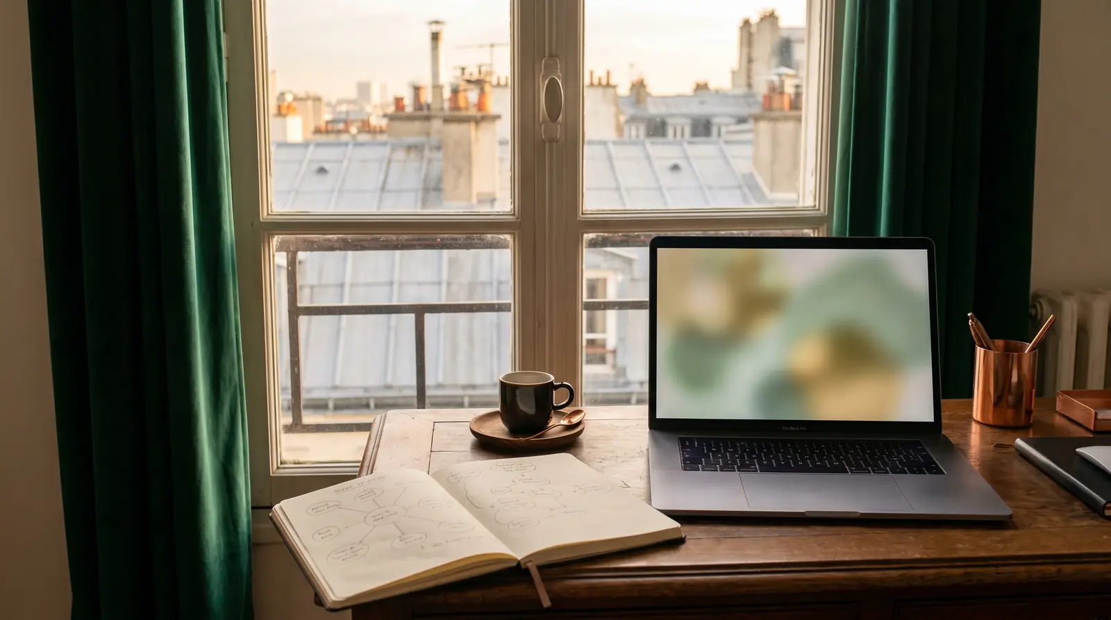Bureau d’agence SEO près d’une fenêtre sur les toits : ordinateur, carnet de schémas et café