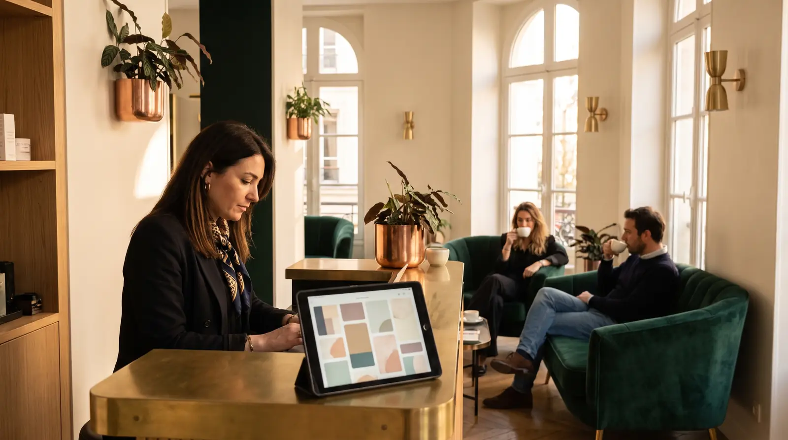 Responsable d’un salon organisant ses rendez-vous sur une tablette grâce à l’automatisation CRM