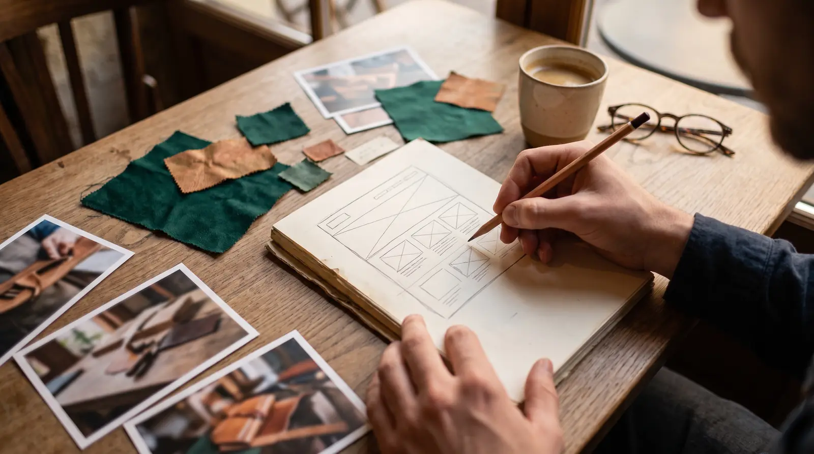 Mains dessinant la maquette d’un site web avec un nuancier, première étape de la création