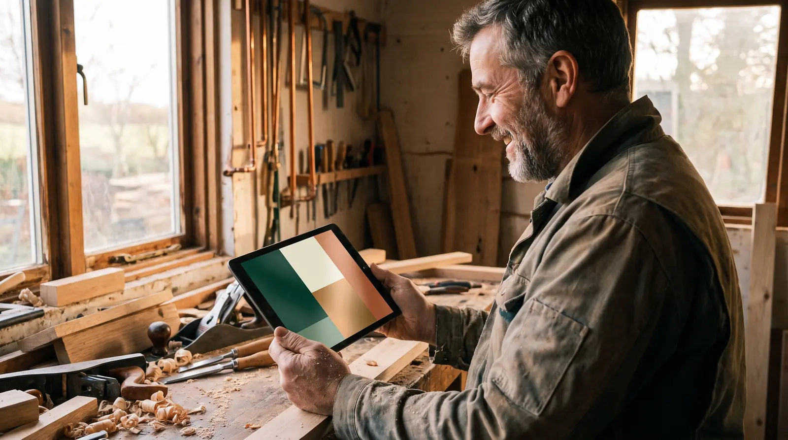 Menuisier découvrant sur une tablette le nouveau site internet de son atelier