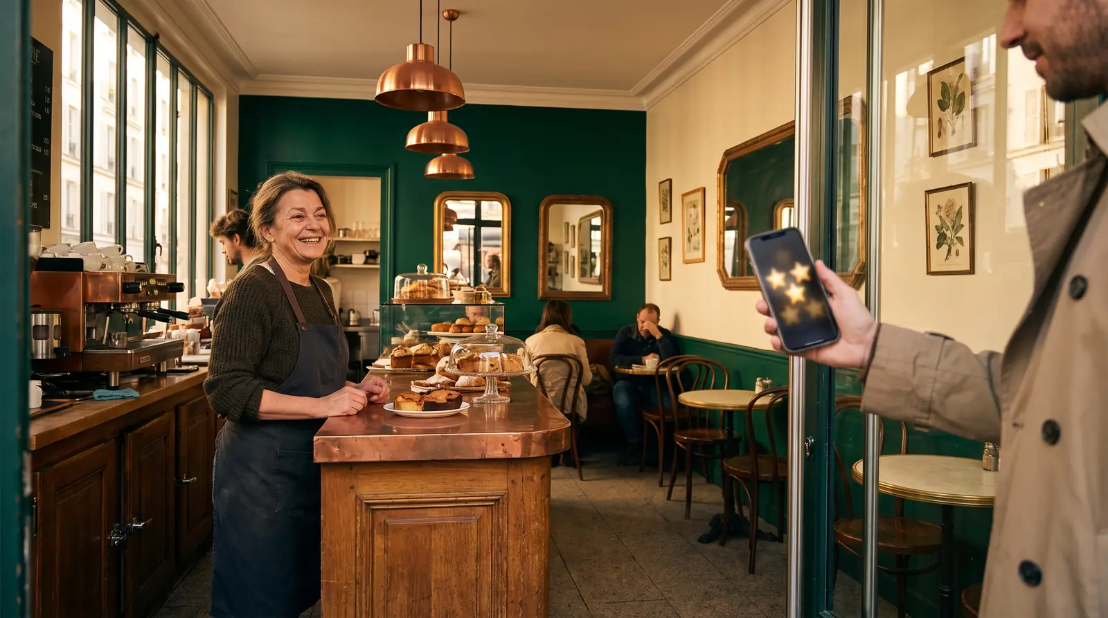 Cliente satisfaite laissant un avis Google cinq étoiles en quittant un café