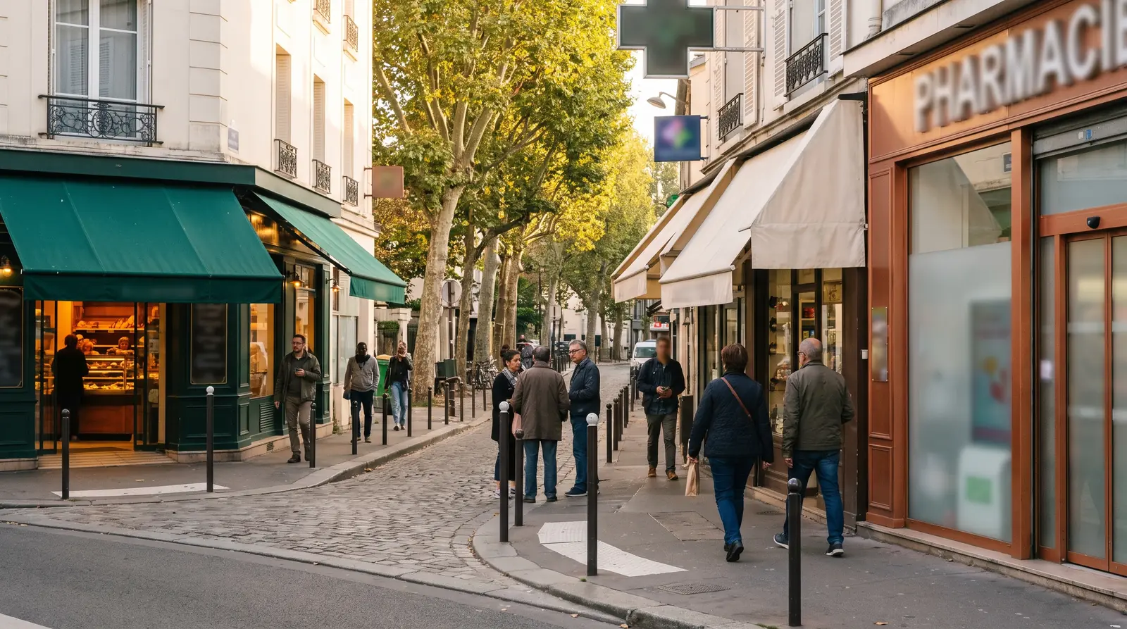 Rue commerçante animée de la petite couronne parisienne, le matin, en Île-de-France
