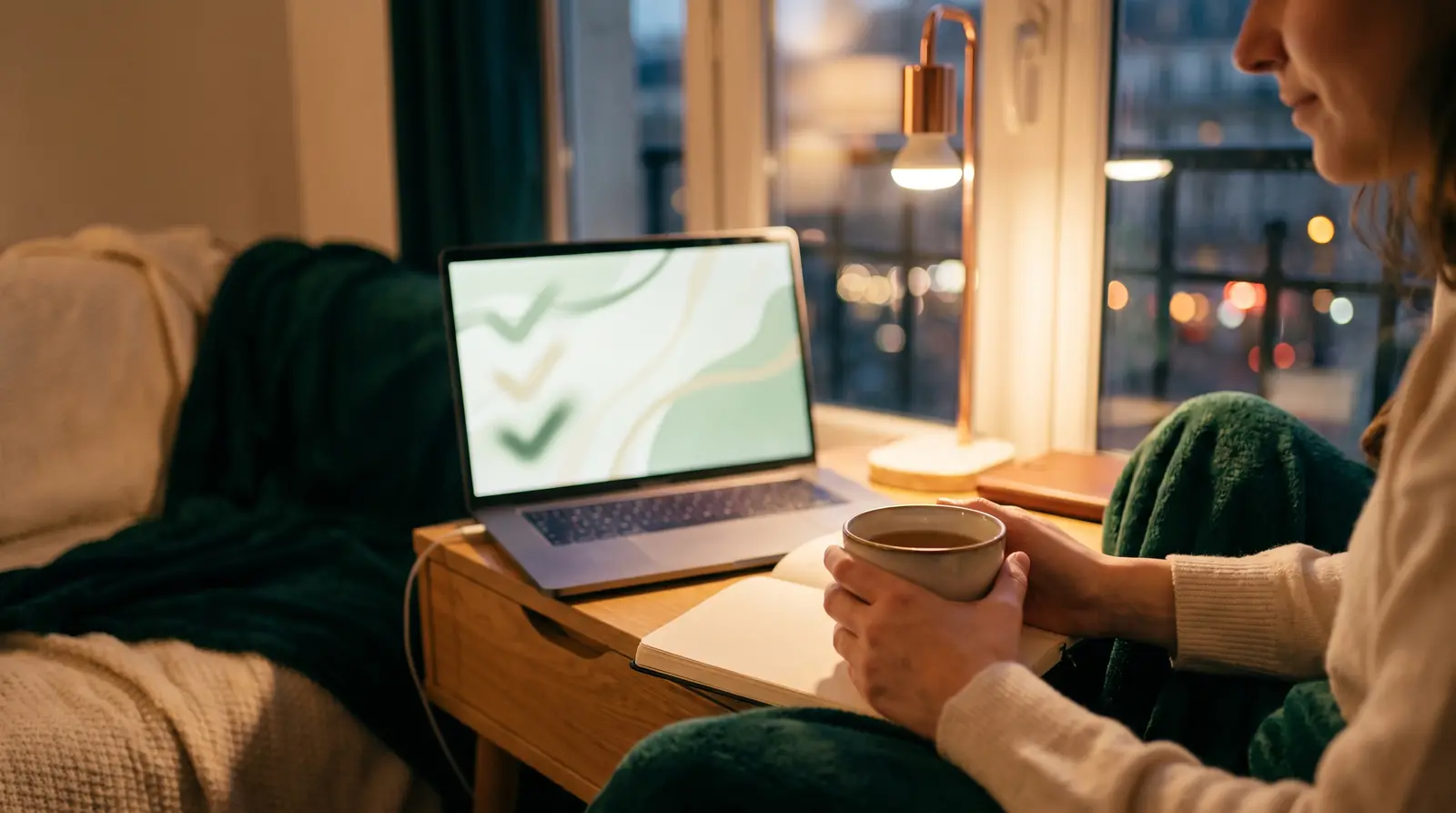 Ordinateur affichant les indicateurs de bon fonctionnement d’un site WordPress, le soir