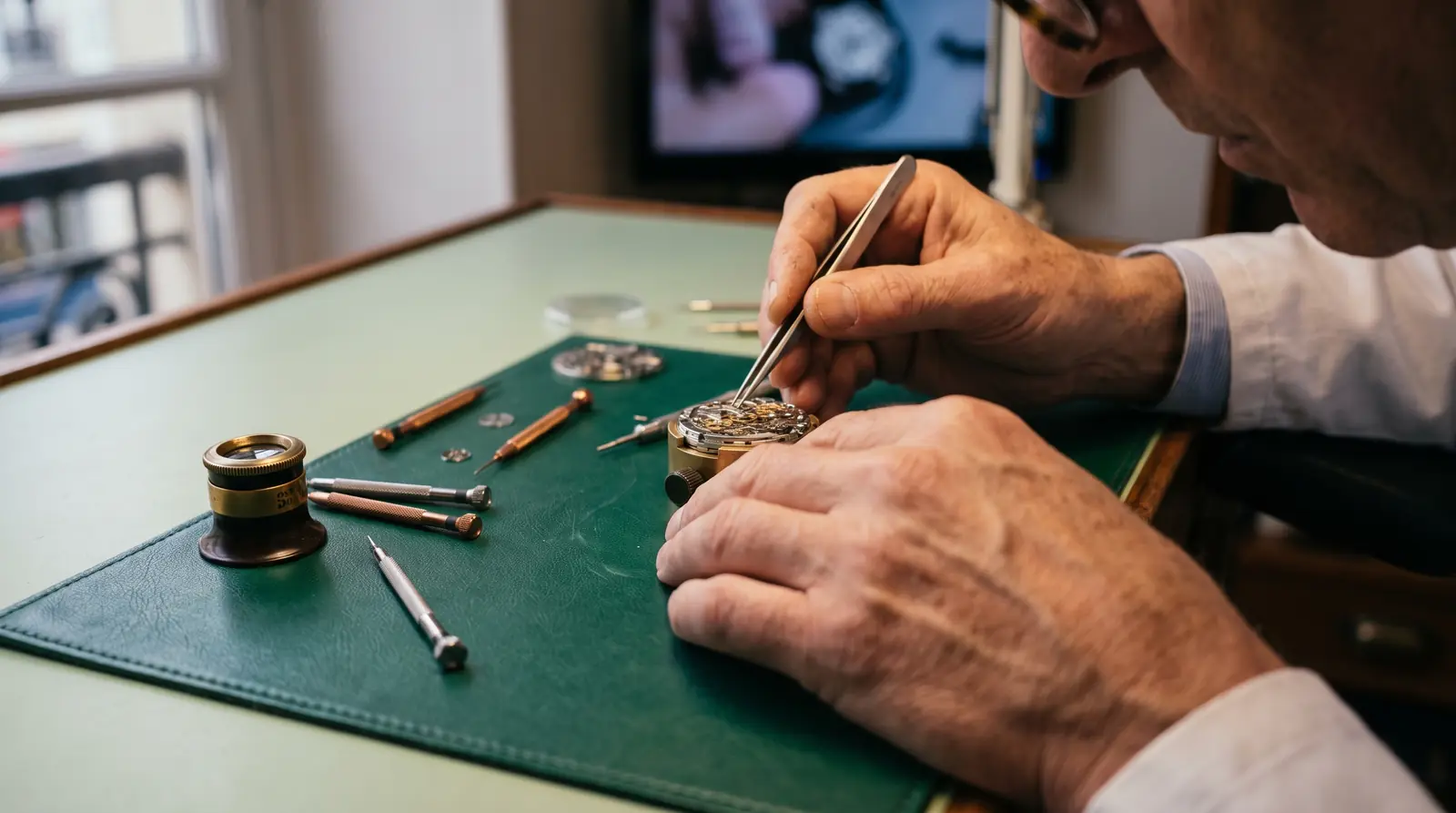 Mains d’horloger entretenant une montre mécanique, image de la maintenance WordPress