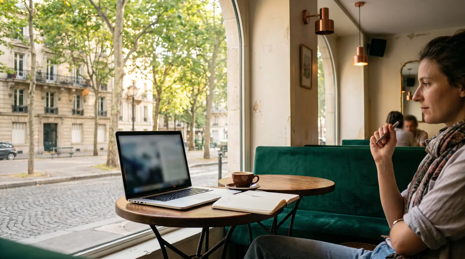 Ordinateur sur une table de café donnant sur une rue arborée, travail à distance depuis Malakoff