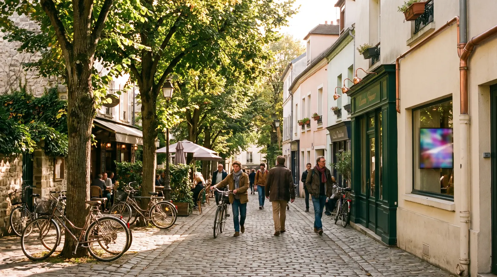 Ruelle arborée avec terrasse de café, ambiance de Malakoff et de la petite couronne