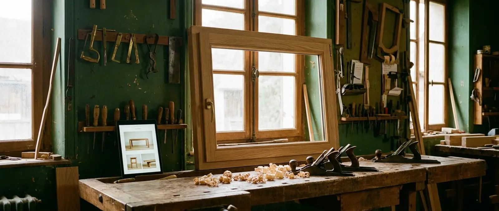 Atelier de menuiserie où une tablette affiche le site internet et les réalisations de l’artisan