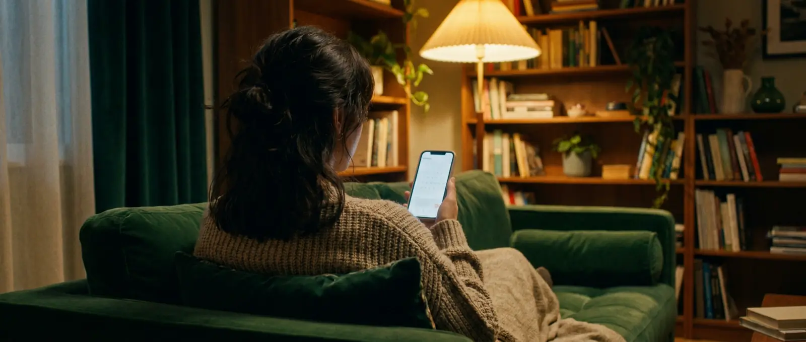 Femme prenant rendez-vous chez un thérapeute sur son téléphone, le soir, dans son salon