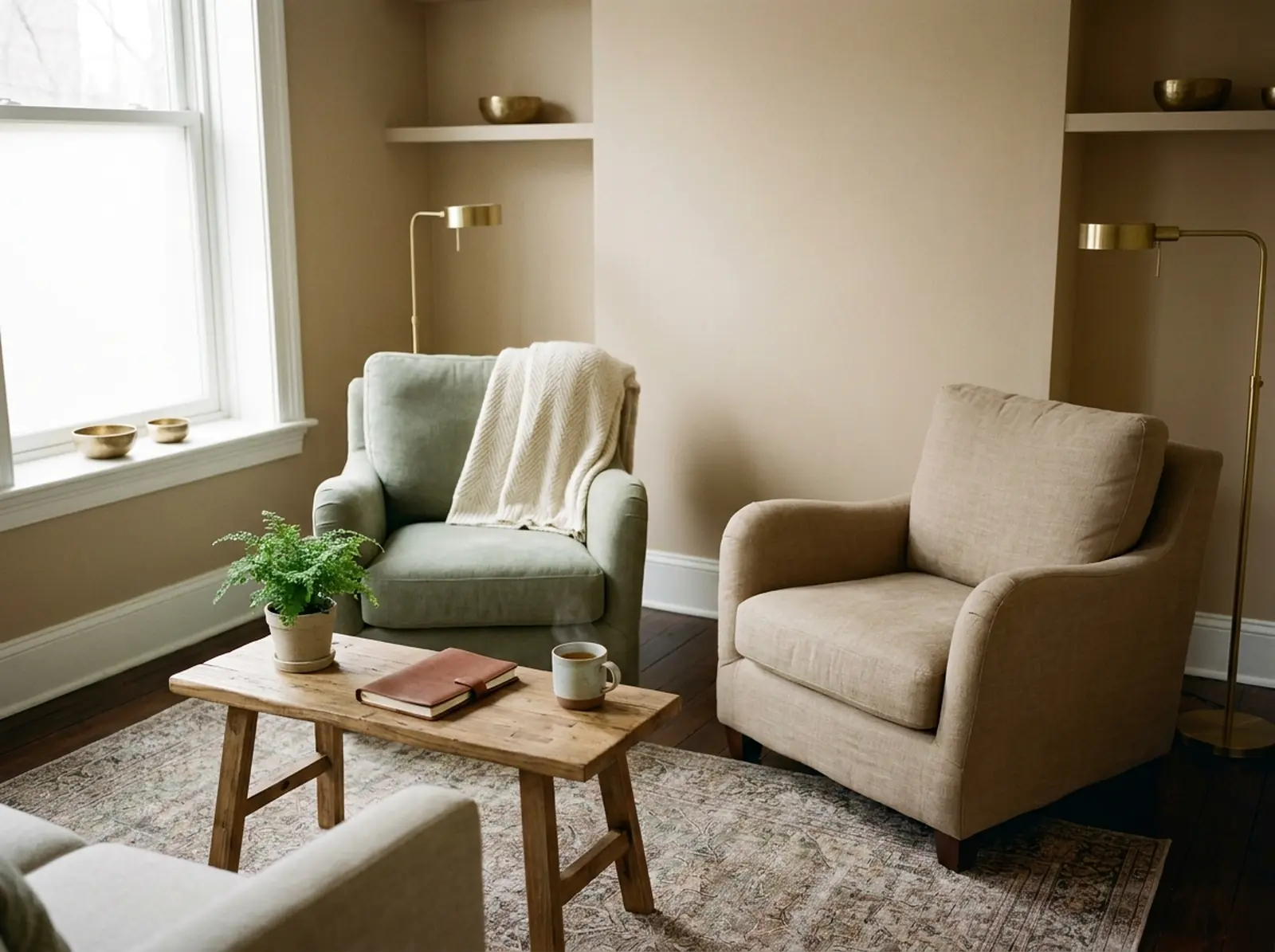 Cabinet de thérapeute calme avec deux fauteuils et une tasse de thé