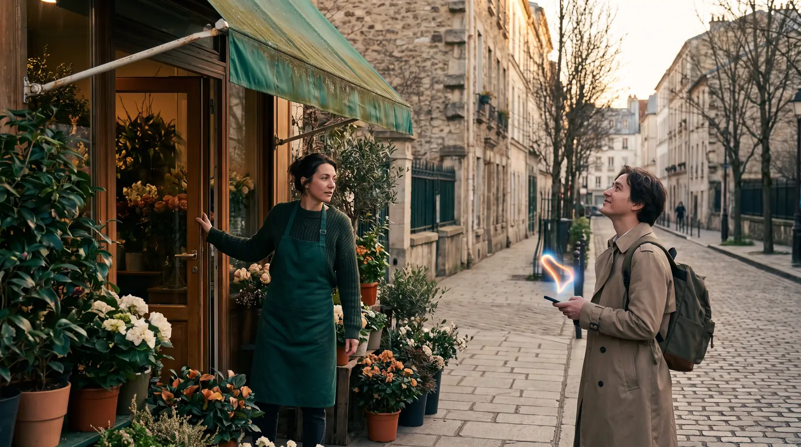 Fleuriste ouvrant sa boutique pendant qu’une passante la trouve sur la carte Google de son téléphone