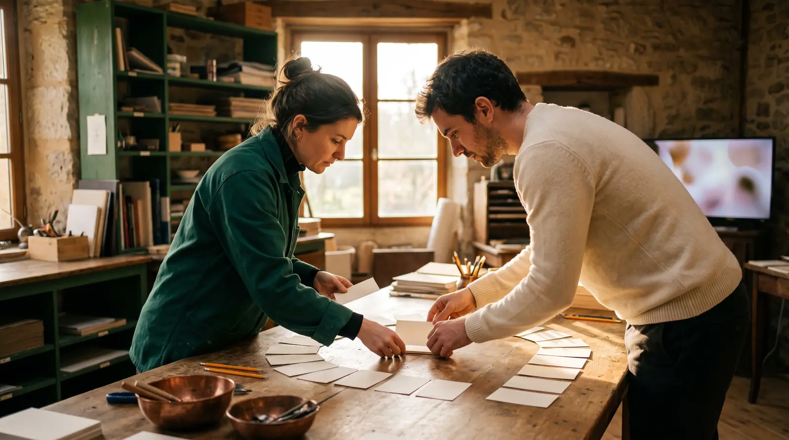Commerçante et consultant organisant des cartes pour construire un message StoryBrand