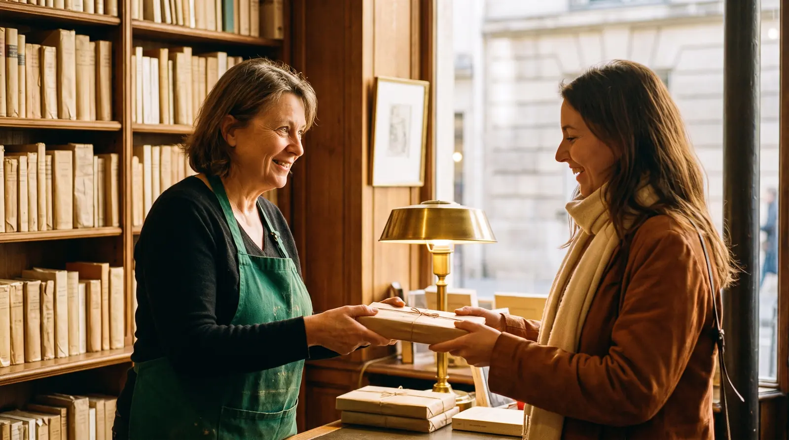 Libraire recommandant un livre à une cliente, image d’un message StoryBrand clair