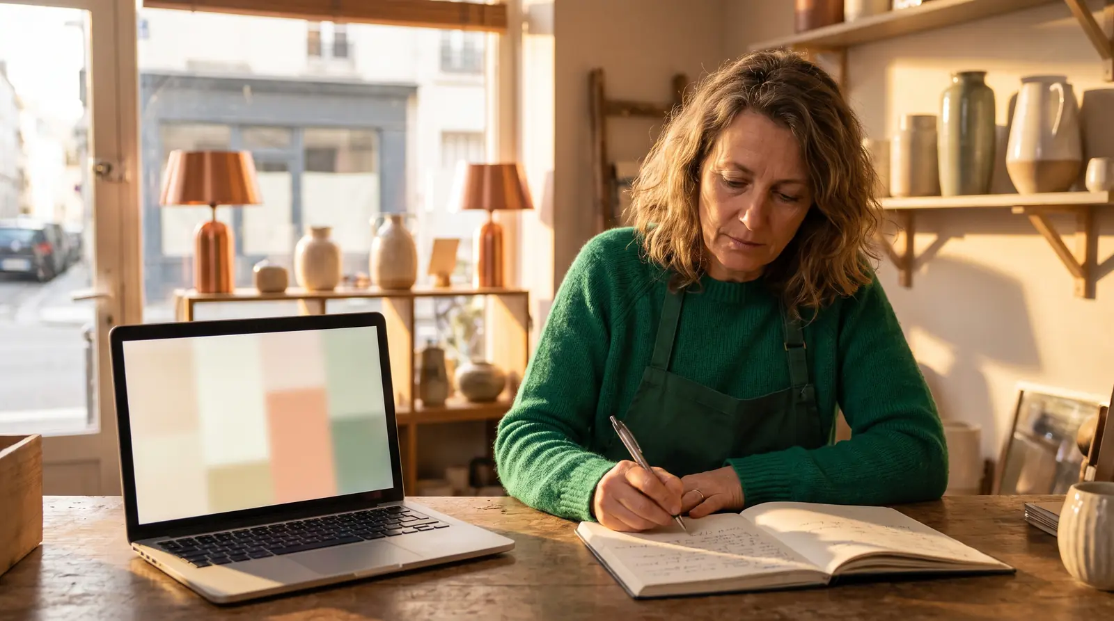 Commerçante rédigeant des réponses claires aux questions de ses clients, faciles à citer par les assistants IA