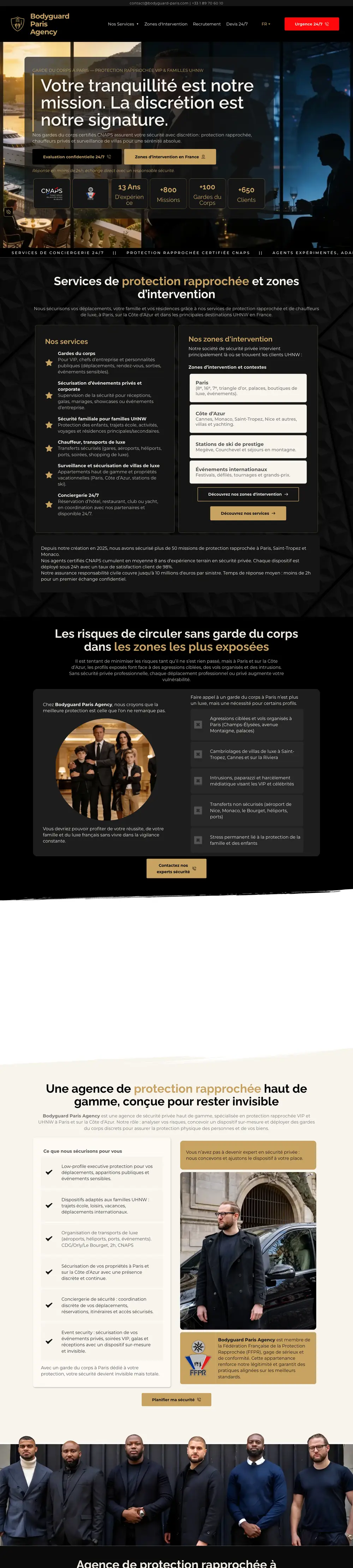 Bodyguard Paris — site internet créé par Monsieur Click Site internet de Bodyguard Paris (Protection rapprochée, Paris) créé par Monsieur Click, page d’accueil