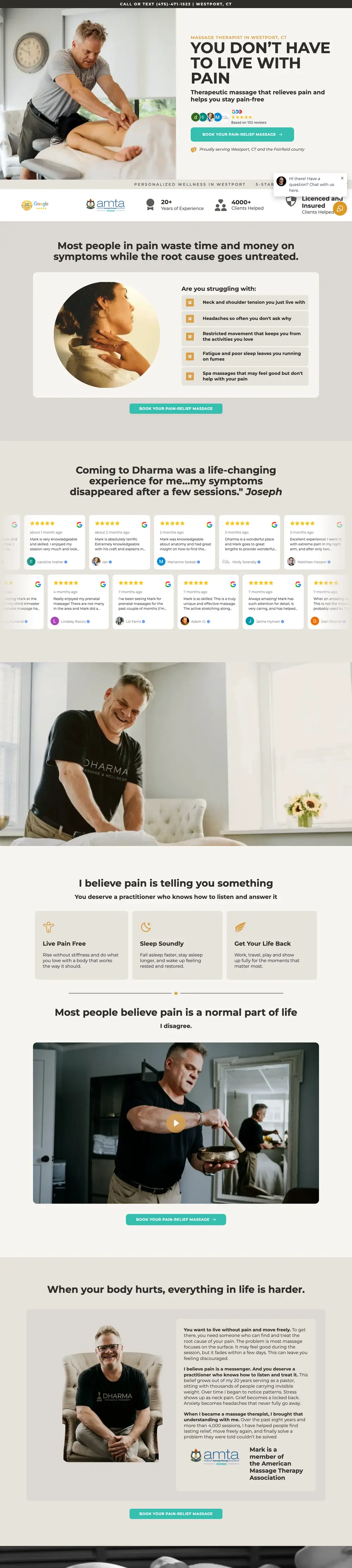 Dharma Massage Therapy — site internet créé par Monsieur Click Site internet de Dharma Massage Therapy (Massage thérapeutique, États-Unis) créé par Monsieur Click, page d’accueil