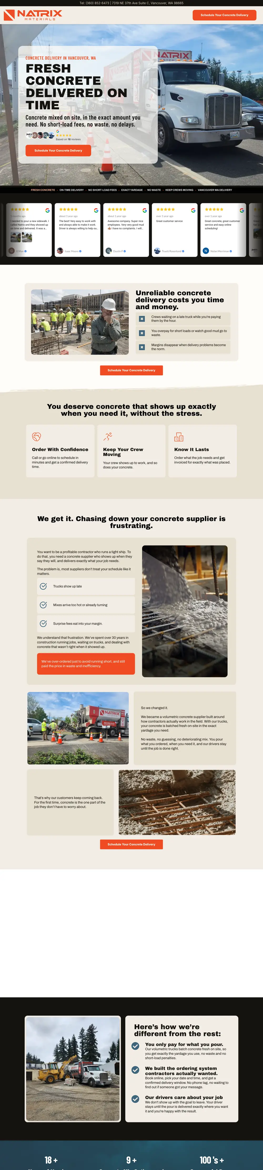Site internet de Natrix Materials (Livraison de béton, Vancouver, États-Unis) créé par Monsieur Click, page d’accueil
