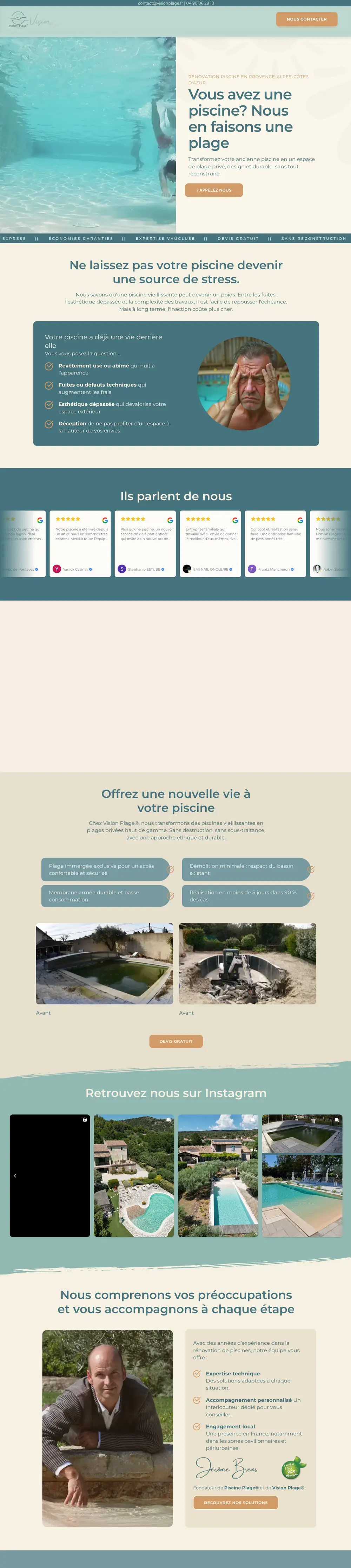 Site internet de Vision Plage (Rénovation de piscines, Provence) créé par Monsieur Click, page d’accueil