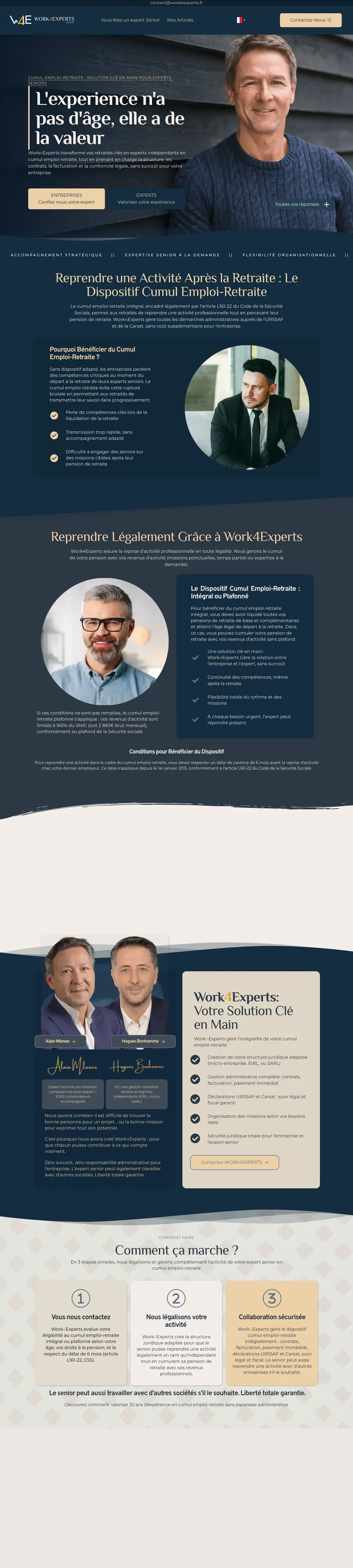 Site internet de Work4Experts (Cumul emploi-retraite des experts seniors, Paris) créé par Monsieur Click, page d’accueil